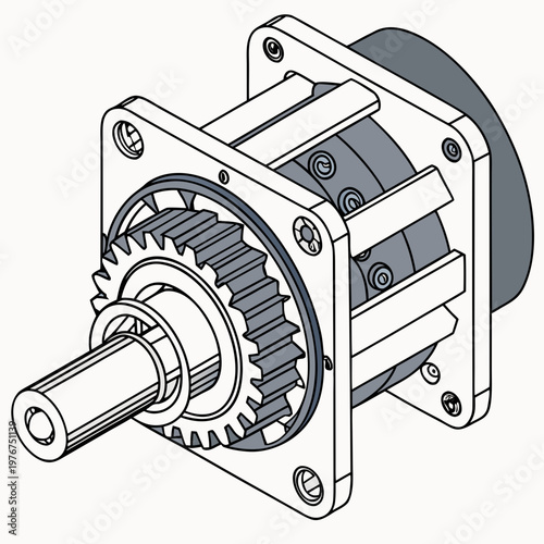 Isolated White Industrial Planetary Gearbox with Gray Gears and Metal Housing mechanical