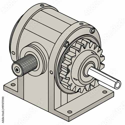 Isolated White Industrial Planetary Gearbox with Internal Gears and Shafts mechanical