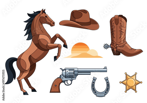 Wild West Cowboy Elements Set with Rearing Horse, Revolver, Sheriff Badge, and Western Icons Isolated on White Background