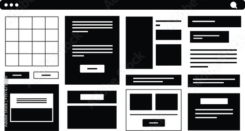 Abstract black and white composition a grid of rectangular and square elements with varied line patterns