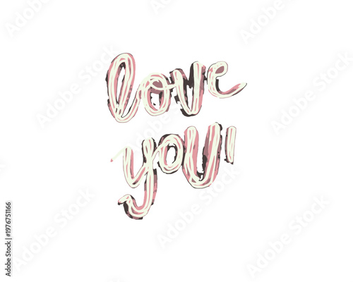 Rose gold metallic script lettering saying love you with glossy highlights and shadows isolated on a clean white background for romantic designs.