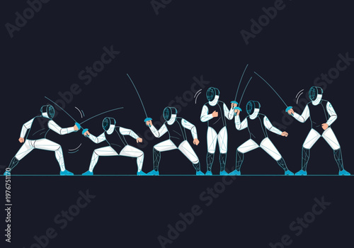 Digital Fencing Athletes Illustration Set - Futuristic Stylized Fencers in Action Poses on Dark Background