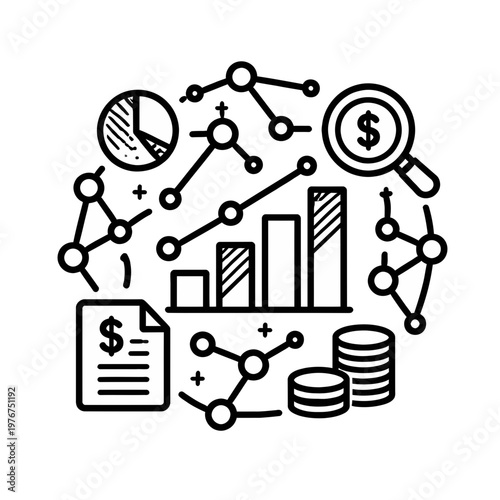 Data analysis and business growth represented by charts, graphs, money, and network connections in a circular graphic