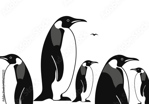 Minimalist Emperor Penguin Family Illustration, Antarctic Wildlife Vector Art on White Background