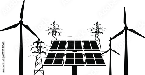 Synergistic energy landscape wind turbines and solar panels harmoniously coexisting with power transmission infrastructure