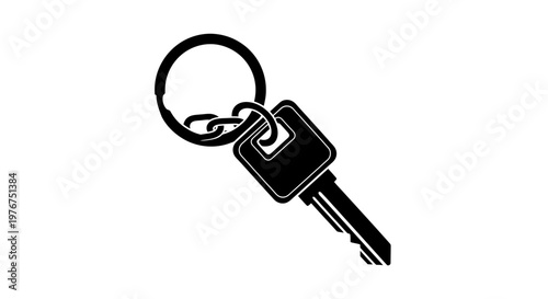 A monochrome illustration of a key attached to a keyring