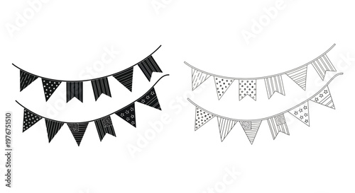 Black and white illustration of decorative bunting flags in two arrangements