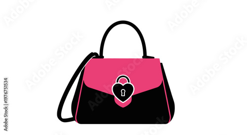 A stylized pink and black handbag illustration with a heart shaped lock