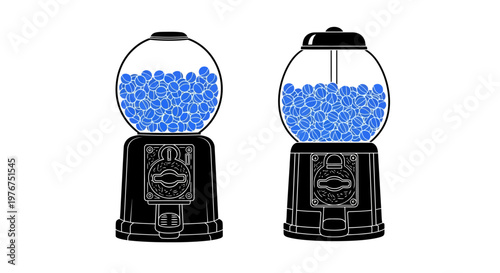 Two black and white illustrations of vintage gumball machines filled with blue gumballs