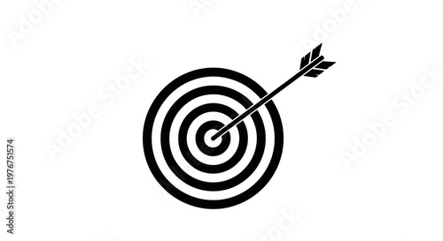 A black silhouette of a dart hitting the center of a target