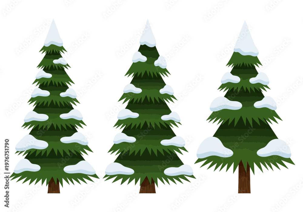 Fototapeta premium Set of Three Snowy Pine Trees Illustration - Winter Evergreen Fir Trees Isolated on White Background for Christmas and Holiday Design