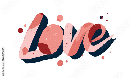 Artistic 3D typography of the word Love in shades of pink and red with dark shadows and decorative dots on a clean white background.