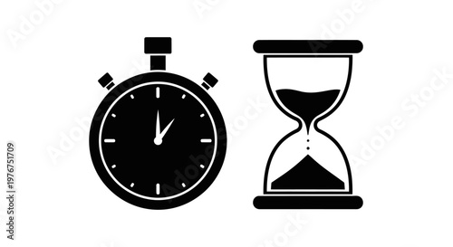 A black stopwatch and hourglass representing the passage of time