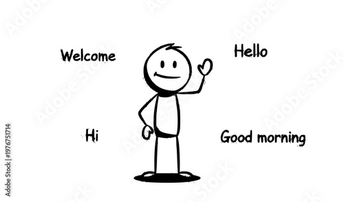 Happy stickman greeting vector with welcome hello hi and good morning text in simple minimal style