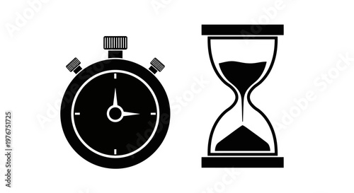 Black and white illustration of a stopwatch and hourglass depicting time
