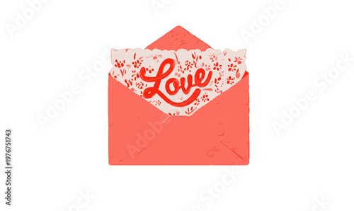 Open red envelope featuring a decorative card with the word love in red script, perfect for romantic greetings and Valentine's Day themes.