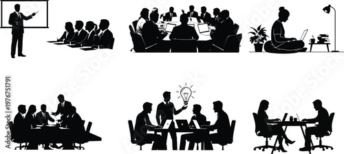 Silhouettes of business professionals engaged in meetings presentations and collaborative work environments showcasing modern office dynamics