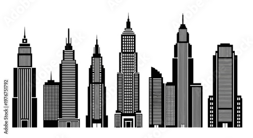 Black and white skyline illustration featuring several modern skyscrapers