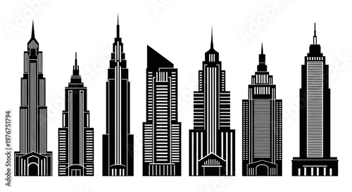 Silhouettes of modern skyscrapers against a plain white background