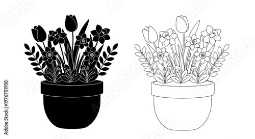 Black and white floral arrangements in pots shown in mirrored images