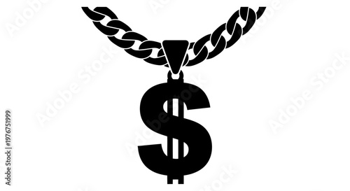 A black and white image of a dollar sign pendant hanging from a chain