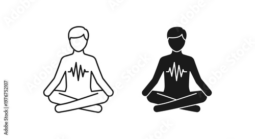Minimalist meditation icon set, person in lotus pose with heartbeat line, zen yoga practice symbols, black and white wellness vector graphics