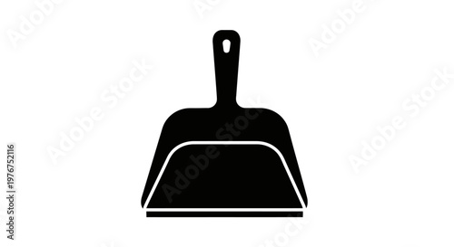Simple black silhouette of a dustpan with a handle and curved design