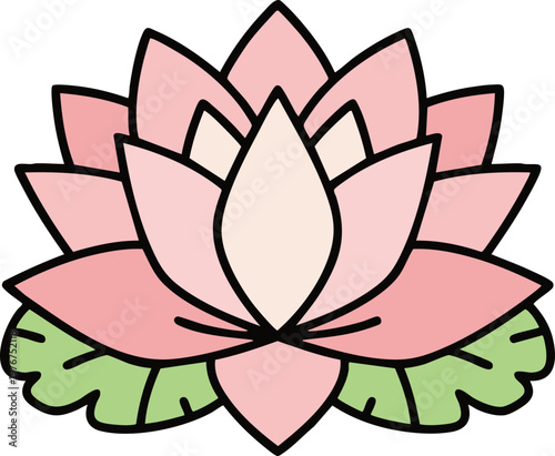 Pink Lotus Flower with Green Lily Pad Flat Illustration for Buddhist Korean Lotus Festival