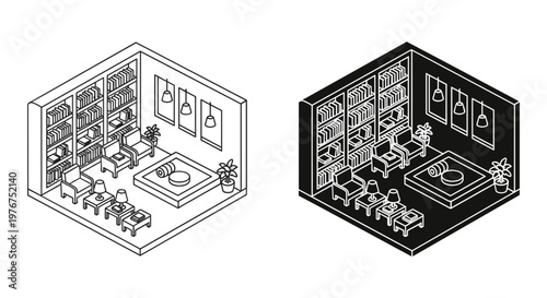 Isometric library room interior vector, modern home office with bookshelves and armchairs, minimalist reading lounge line art set
