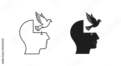 Minimalist human head silhouette with flying bird, mental freedom and peace concept vector, psychological health and open mind metaphor icons