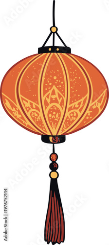 Traditional Orange Round Hanging Lantern with Floral Pattern Illustration for Korean Buddhist Festival