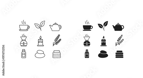 Minimalist spa and wellness icon set, 18 black line and solid vector elements, zen relaxation symbols for massage and aromatherapy branding