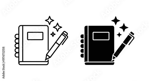 Minimalist notebook and pen vector icons, black and white journal with pen symbols, creative writing and storytelling outline and glyph set