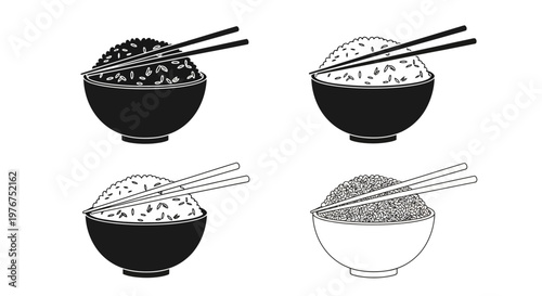 Black and white illustration of rice bowls with chopsticks
