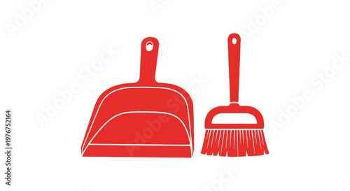 A red dustpan and brush set depicted in a simple graphic style