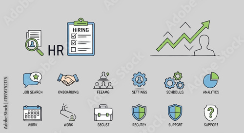 HR management and recruitment process icons set for business.
