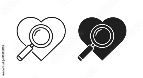 Minimalist heart and magnifying glass icons, black outline and solid silhouette love search symbols, romantic discovery vector elements for dating apps