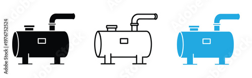 Water heater icon set. Home appliance or boiler symbol with steam, in three different styles for concepts. Line art icon of a vertical water heater/boiler with side pipe - minimalist vector illustrati