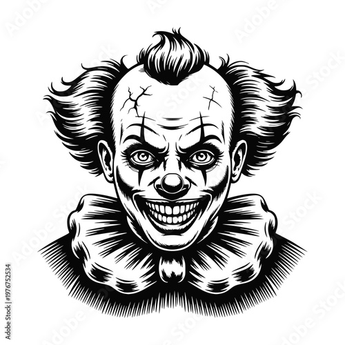 A whimsical black and white illustration of a cheerful clown with exaggerated features and a playful expression.