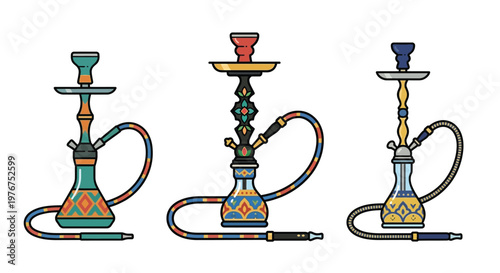 Colorful vector illustration of three different ornate hookahs displayed in a row