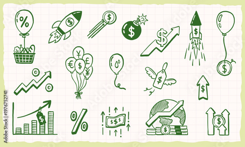 inflation economy finance doodle hand drawing sketch collection set