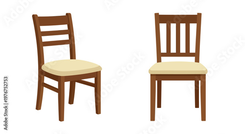 Two wooden dining chairs with cream colored cushions shown on white background