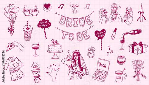 bachelorette - bridal shower party celebration doodle hand drawn collection set