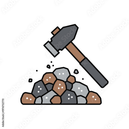 A hammer striking a pile of rocks.