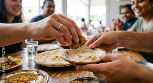 Friends sharing a delicious Middle Eastern meal with falafel and hummus