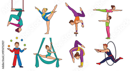 Colorful cartoon illustration depicting various circus performers and acrobatic acts