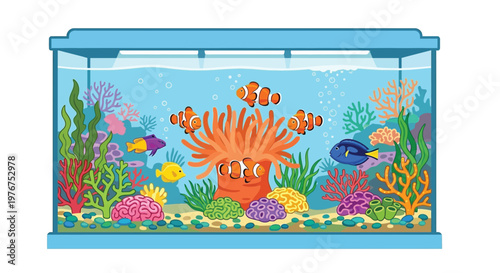 A colorful aquarium scene featuring clownfish and various coral reefs