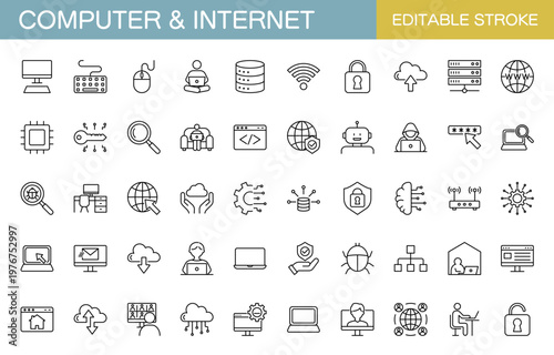 コンピューターとインターネットに関するラインアイコンセット（線幅変更可能）
