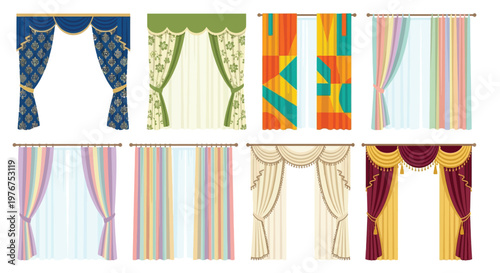 Collection of colorful curtains with various patterns and designs displayed