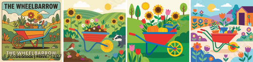A collection of flat, colorful illustrations depicting a wheelbarrow, a common gardening and landscaping tool.

